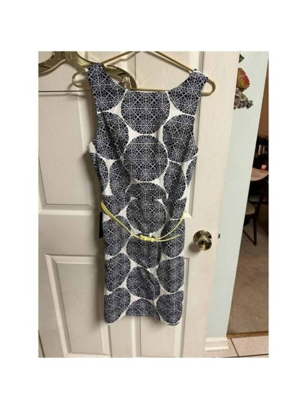 The Limited Blue and White Sleeveless Belted Shift Dress Geometric Small 6